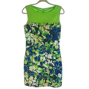 Tahari Sleeveless Sheath Floral Dress Multicolor Neon Green Blue Black Cotton 6